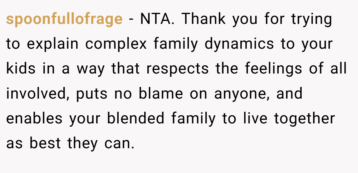 spoonfullofrage − NTA. Thank you for trying to explain complex family dynamics to your kids in a way that respects the feelings of all involved, puts no blame on anyone, and enables your blended family to live together as best they can.