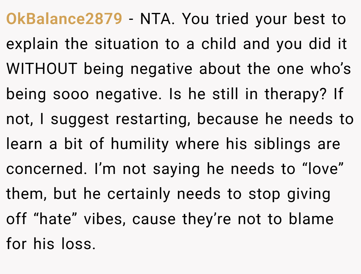 OkBalance2879 − NTA. You tried your best to explain the situation to a child and you did it WITHOUT being negative about the one who’s being sooo negative. Is he still in therapy? If not, I suggest restarting, because he needs to learn a bit of humility where his siblings are concerned. I’m not saying he needs to “love” them, but he certainly needs to stop giving off “hate” vibes, cause they’re not to blame for his loss.