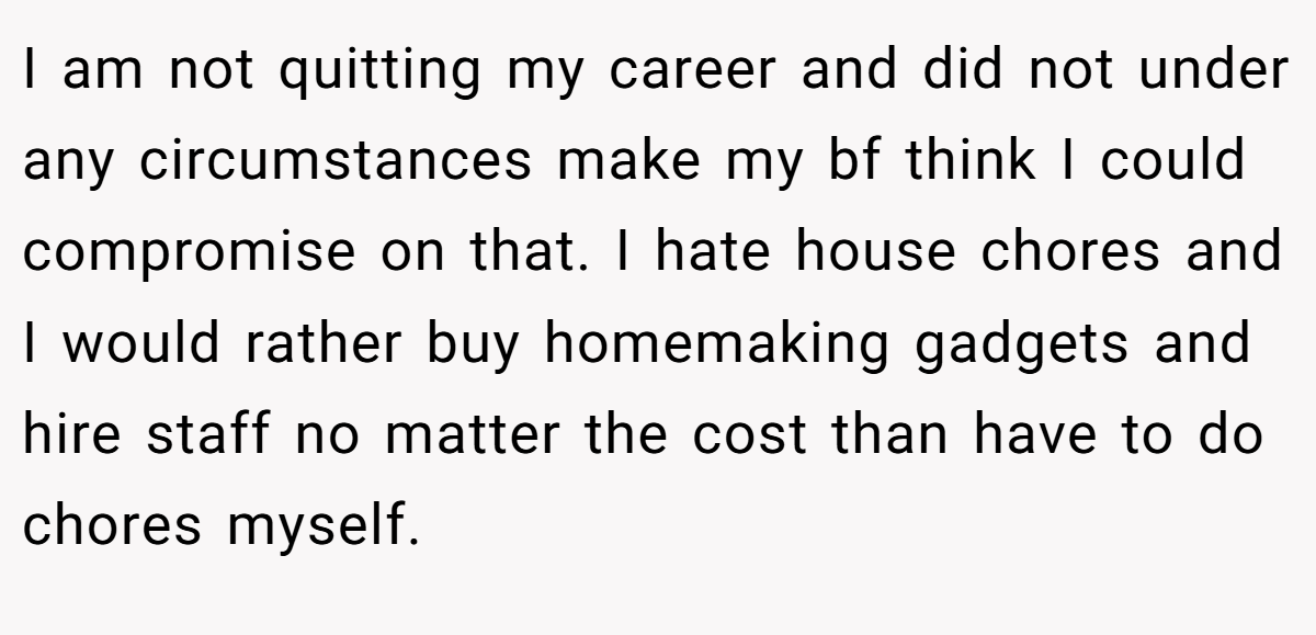 I am not quitting my career and did not under any circumstances make my bf think I could compromise on that. I hate house chores and I would rather buy homemaking gadgets and hire staff no matter the cost than have to do chores myself.