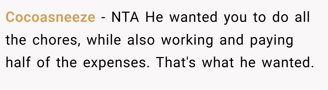 Cocoasneeze - NTA He wanted you to do all the chores, while also working and paying half of the expenses. That's what he wanted.