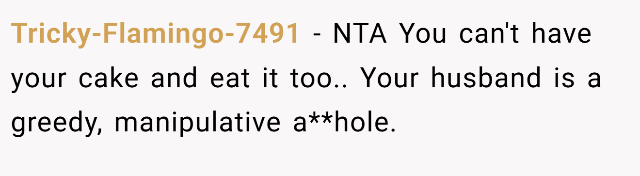 Tricky-Flamingo-7491 - NTA You can't have your cake and eat it too.. Your husband is a greedy, manipulative a**hole.