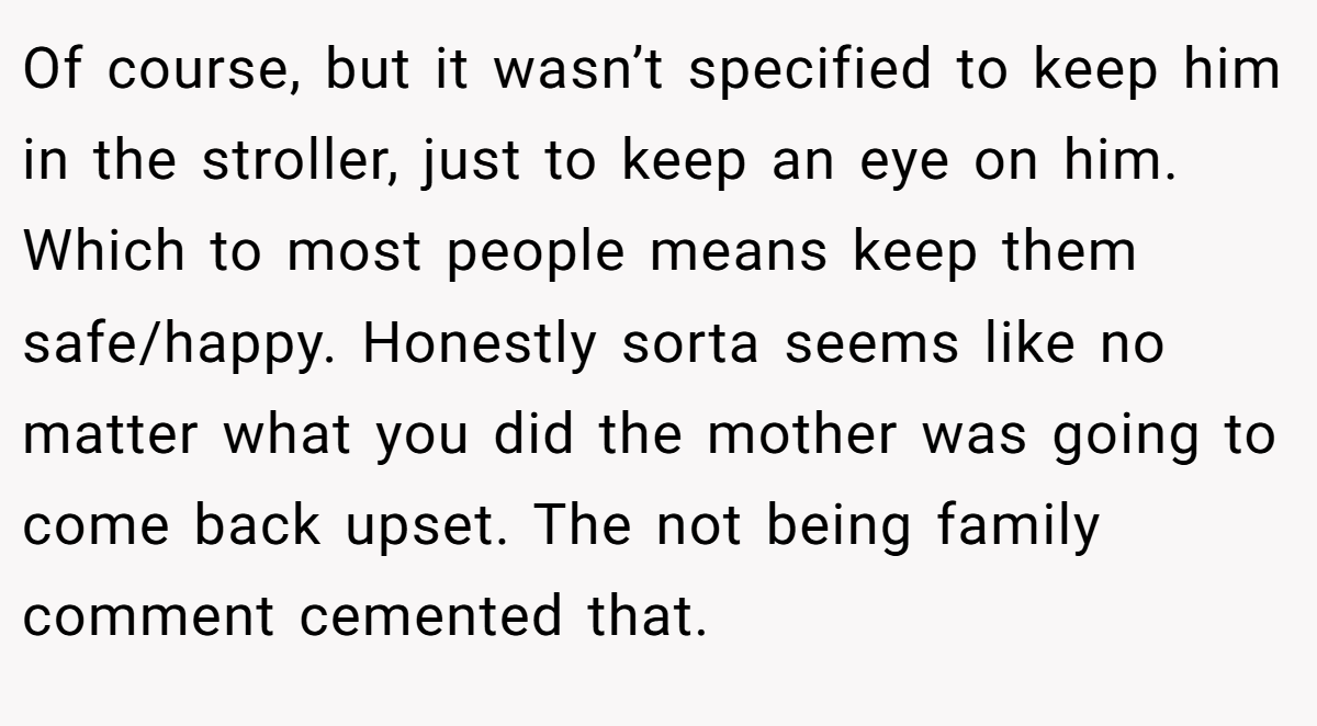 Of course, but it wasn’t specified to keep him in the stroller, just to keep an eye on him. Which to most people means keep them safe/happy. Honestly sorta seems like no matter what you did the mother was going to come back upset. The not being family comment cemented that.