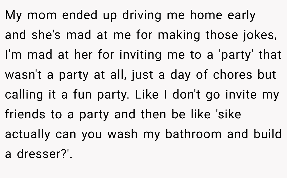 My mom ended up driving me home early and she's mad at me for making those jokes, I'm mad at her for inviting me to a 'party' that wasn't a party at all, just a day of chores but calling it a fun party. Like I don't go invite my friends to a party and then be like 'sike actually can you wash my bathroom and build a dresser?'.