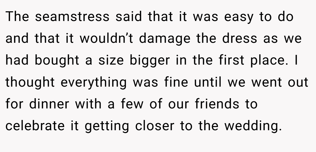 The seamstress said that it was easy to do and that it wouldn’t damage the dress as we had bought a size bigger in the first place. I thought everything was fine until we went out for dinner with a few of our friends to celebrate it getting closer to the wedding.