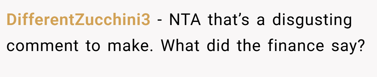 DifferentZucchini3 − NTA that’s a disgusting comment to make. What did the finance say?