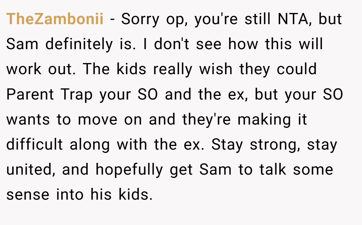 TheZambonii − Sorry op, you're still NTA, but Sam definitely is. I don't see how this will work out. The kids really wish they could Parent Trap your SO and the ex, but your SO wants to move on and they're making it difficult along with the ex. Stay strong, stay united, and hopefully get Sam to talk some sense into his kids.