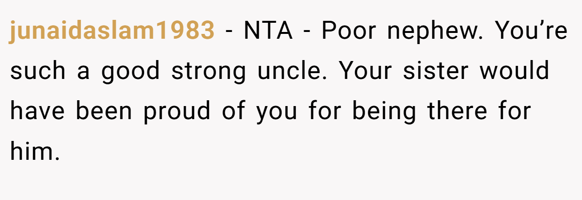 junaidaslam1983 - NTA - Poor nephew. You’re such a good strong uncle. Your sister would have been proud of you for being there for him.