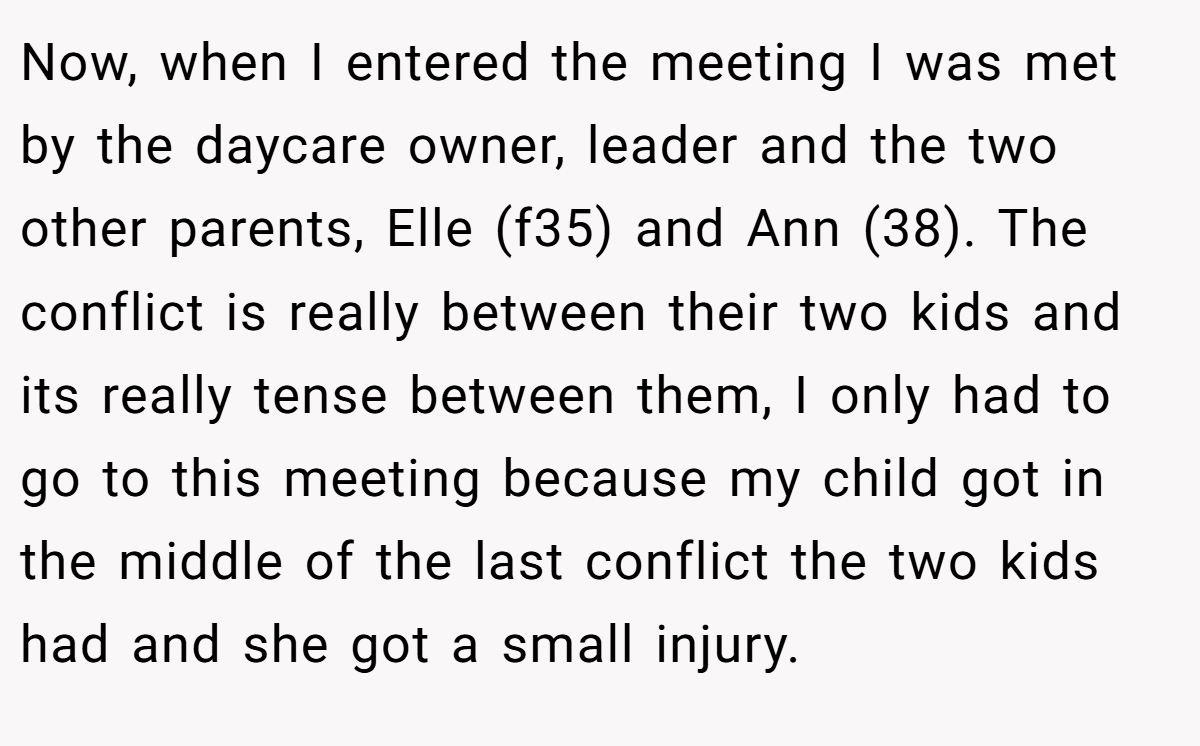 Now, when I entered the meeting I was met by the daycare owner, leader and the two other parents, Elle (f35) and Ann (38). The conflict is really between their two kids and its really tense between them, I only had to go to this meeting because my child got in the middle of the last conflict the two kids had and she got a small injury.