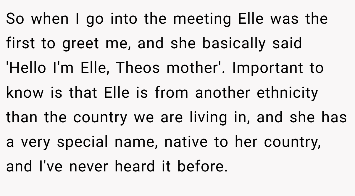 So when I go into the meeting Elle was the first to greet me, and she basically said 'Hello I'm Elle, Theos mother'. Important to know is that Elle is from another ethnicity than the country we are living in, and she has a very special name, native to her country, and I've never heard it before.