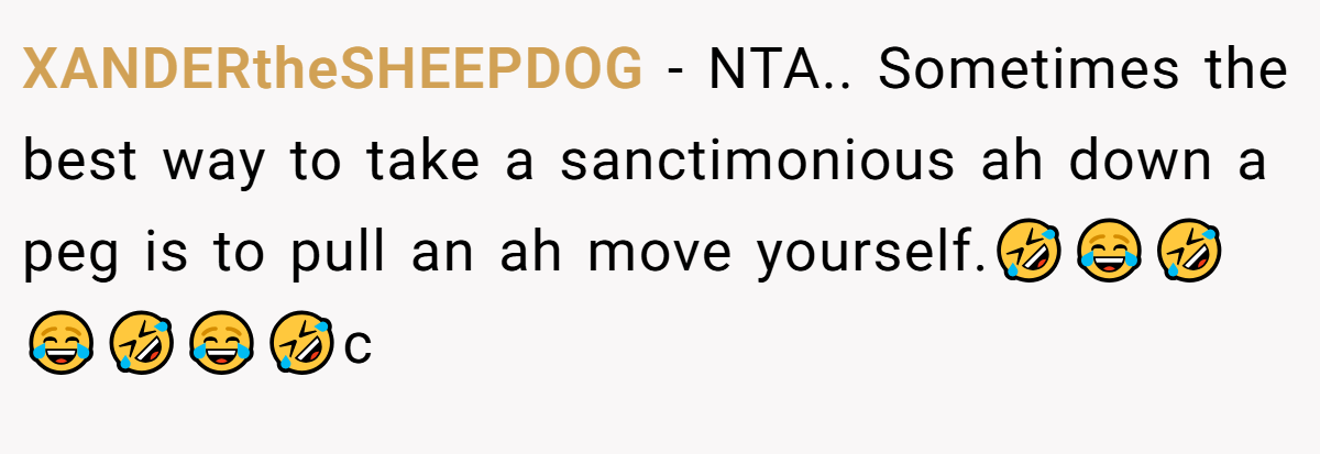 XANDERtheSHEEPDOG − NTA.. Sometimes the best way to take a sanctimonious ah down a peg is to pull an ah move yourself.🤣😂🤣😂🤣😂🤣c