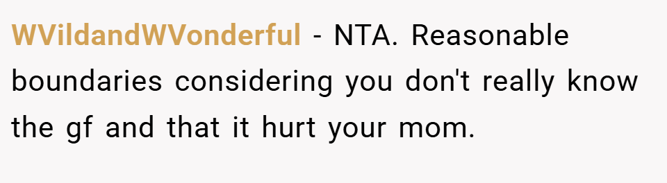 WVildandWVonderful − NTA. Reasonable boundaries considering you don't really know the gf and that it hurt your mom.