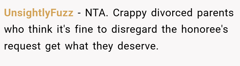 UnsightlyFuzz − NTA. Crappy divorced parents who think it's fine to disregard the honoree's request get what they deserve.