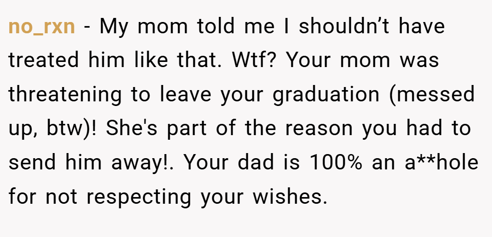 no_rxn − My mom told me I shouldn’t have treated him like that. Wtf? Your mom was threatening to leave your graduation (messed up, btw)! She's part of the reason you had to send him away!. Your dad is 100% an a**hole for not respecting your wishes.