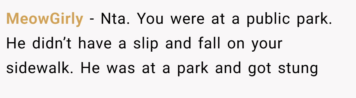 MeowGirly − Nta. You were at a public park. He didn’t have a slip and fall on your sidewalk. He was at a park and got stung