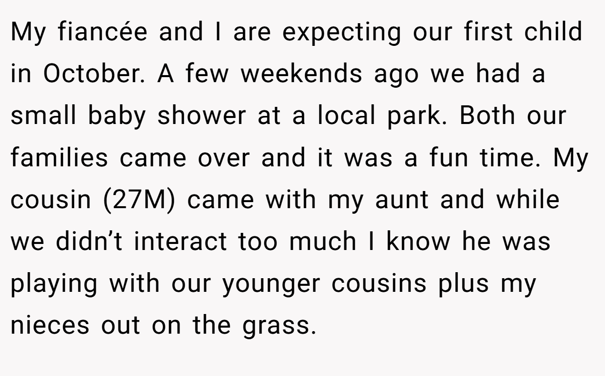 My fiancée and I are expecting our first child in October. A few weekends ago we had a small baby shower at a local park. Both our families came over and it was a fun time. My cousin (27M) came with my aunt and while we didn’t interact too much I know he was playing with our younger cousins plus my nieces out on the grass.