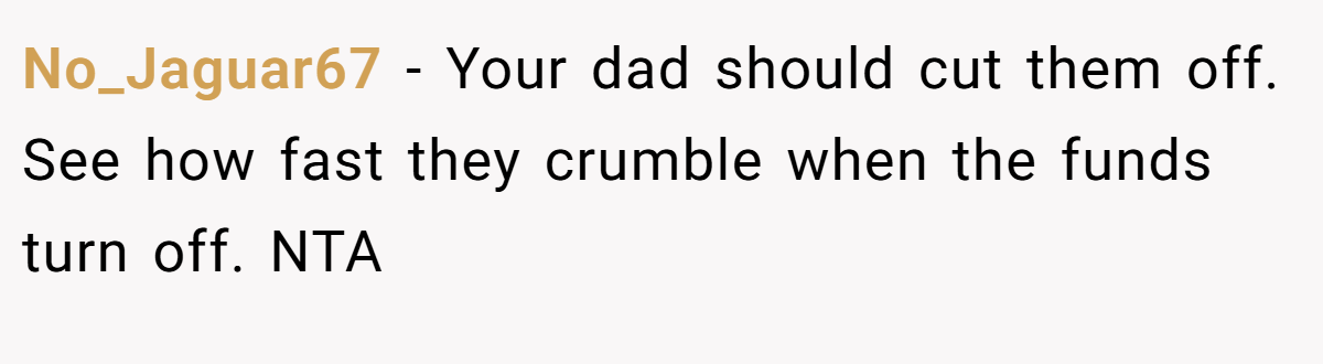 No_Jaguar67 − Your dad should cut them off. See how fast they crumble when the funds turn off. NTA