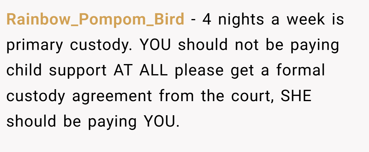 Rainbow_Pompom_Bird − 4 nights a week is primary custody. YOU should not be paying child support AT ALL please get a formal custody agreement from the court, SHE should be paying YOU.