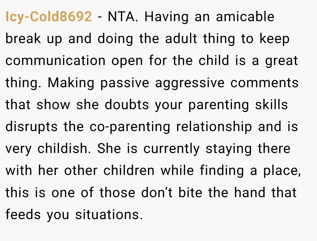 Icy-Cold8692 − NTA. Having an amicable break up and doing the adult thing to keep communication open for the child is a great thing. Making passive aggressive comments that show she doubts your parenting skills disrupts the co-parenting relationship and is very childish. She is currently staying there with her other children while finding a place, this is one of those don’t bite the hand that feeds you situations.