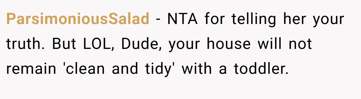 ParsimoniousSalad − NTA for telling her your truth. But LOL, Dude, your house will not remain 'clean and tidy' with a toddler.