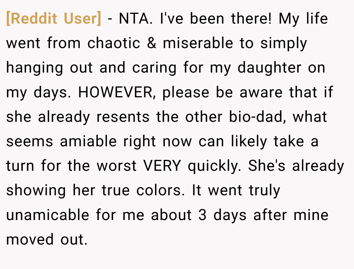 [Reddit User] − NTA. I've been there! My life went from chaotic & miserable to simply hanging out and caring for my daughter on my days. HOWEVER, please be aware that if she already resents the other bio-dad, what seems amiable right now can likely take a turn for the worst VERY quickly. She's already showing her true colors. It went truly unamicable for me about 3 days after mine moved out.