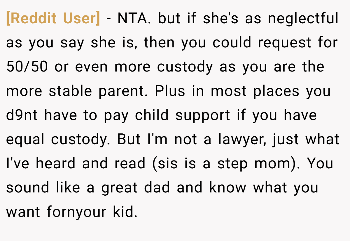 [Reddit User] − NTA. but if she's as neglectful as you say she is, then you could request for 50/50 or even more custody as you are the more stable parent. Plus in most places you d9nt have to pay child support if you have equal custody. But I'm not a lawyer, just what I've heard and read (sis is a step mom). You sound like a great dad and know what you want fornyour kid.