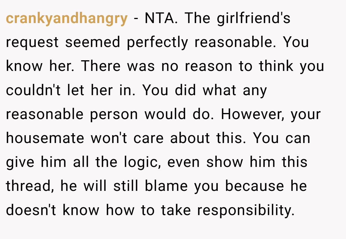 crankyandhangry − NTA. The girlfriend's request seemed perfectly reasonable. You know her. There was no reason to think you couldn't let her in. You did what any reasonable person would do. However, your housemate won't care about this. You can give him all the logic, even show him this thread, he will still blame you because he doesn't know how to take responsibility.