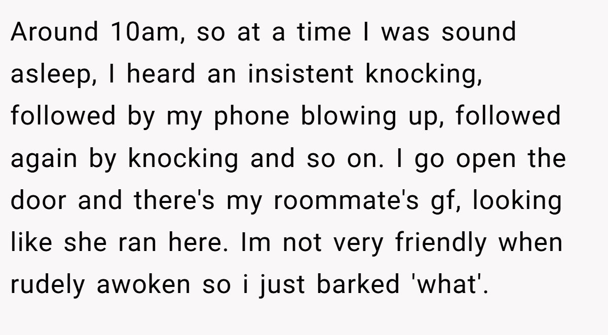 Around 10am, so at a time I was sound asleep, I heard an insistent knocking, followed by my phone blowing up, followed again by knocking and so on. I go open the door and there's my roommate's gf, looking like she ran here. Im not very friendly when rudely awoken so i just barked 'what'.