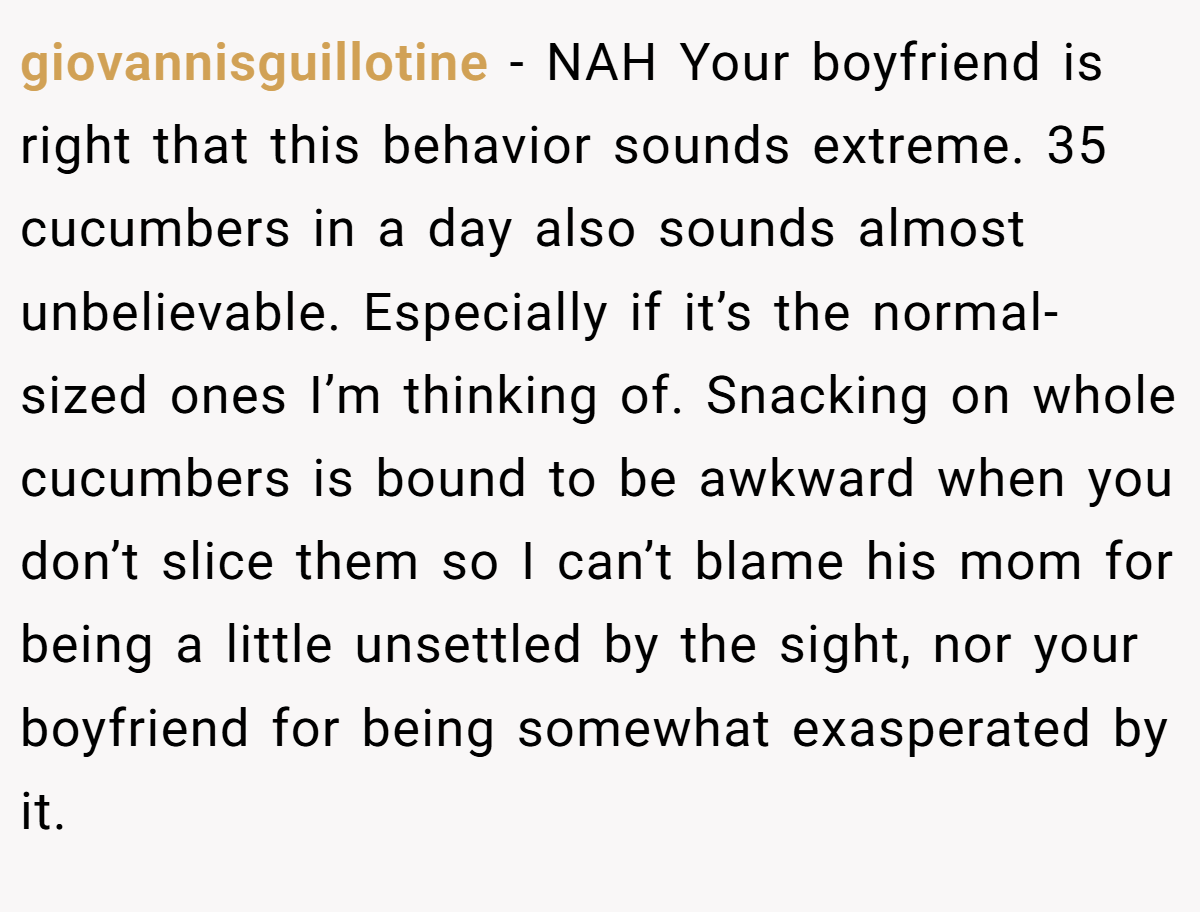 giovannisguillotine − NAH Your boyfriend is right that this behavior sounds extreme. 35 cucumbers in a day also sounds almost unbelievable. Especially if it’s the normal-sized ones I’m thinking of. Snacking on whole cucumbers is bound to be awkward when you don’t slice them so I can’t blame his mom for being a little unsettled by the sight, nor your boyfriend for being somewhat exasperated by it.