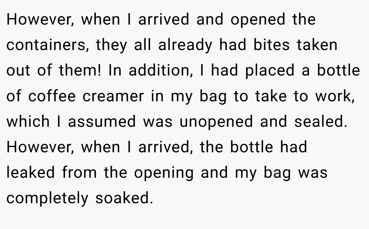 However, when I arrived and opened the containers, they all already had bites taken out of them! In addition, I had placed a bottle of coffee creamer in my bag to take to work, which I assumed was unopened and sealed. However, when I arrived, the bottle had leaked from the opening and my bag was completely soaked.
