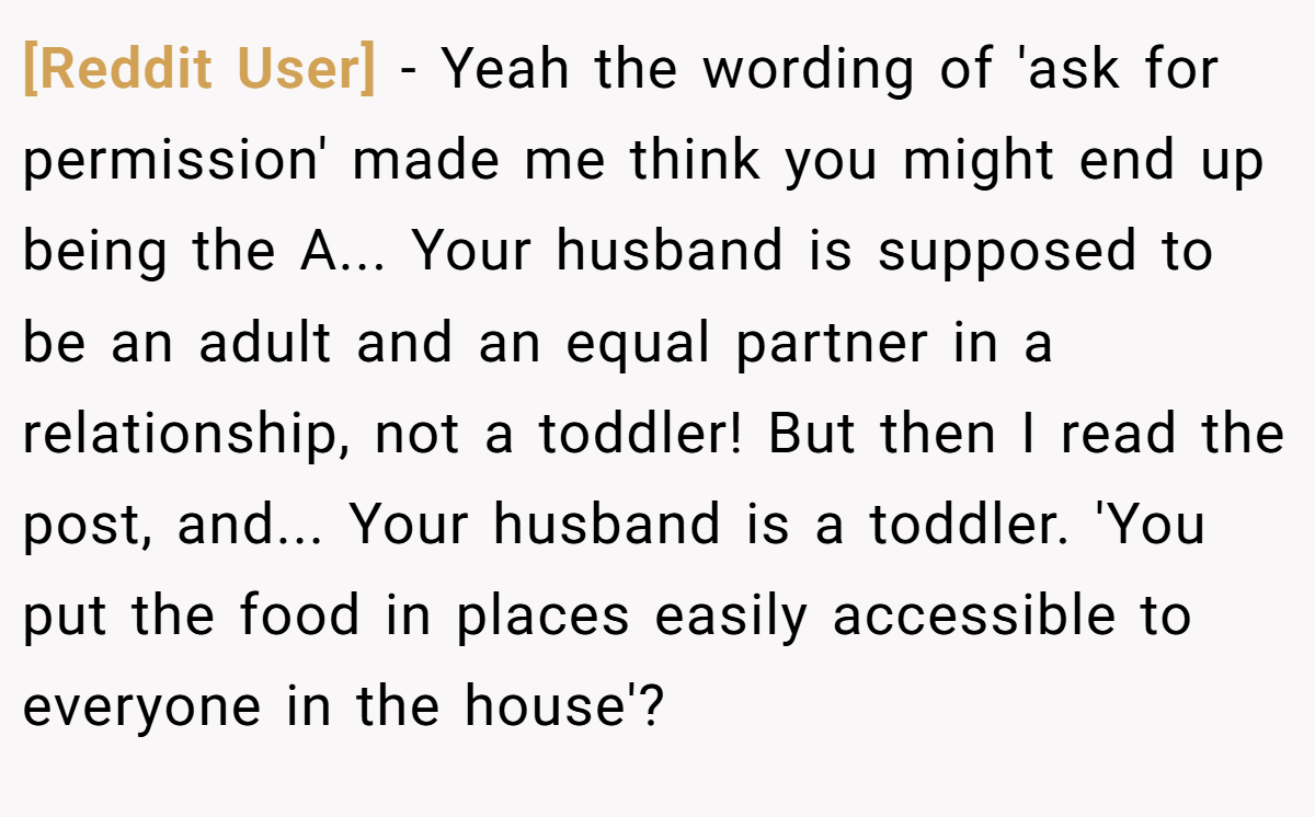 [Reddit User] - Yeah the wording of 'ask for permission' made me think you might end up being the A... Your husband is supposed to be an adult and an equal partner in a relationship, not a toddler! But then I read the post, and... Your husband is a toddler. 'You put the food in places easily accessible to everyone in the house'?