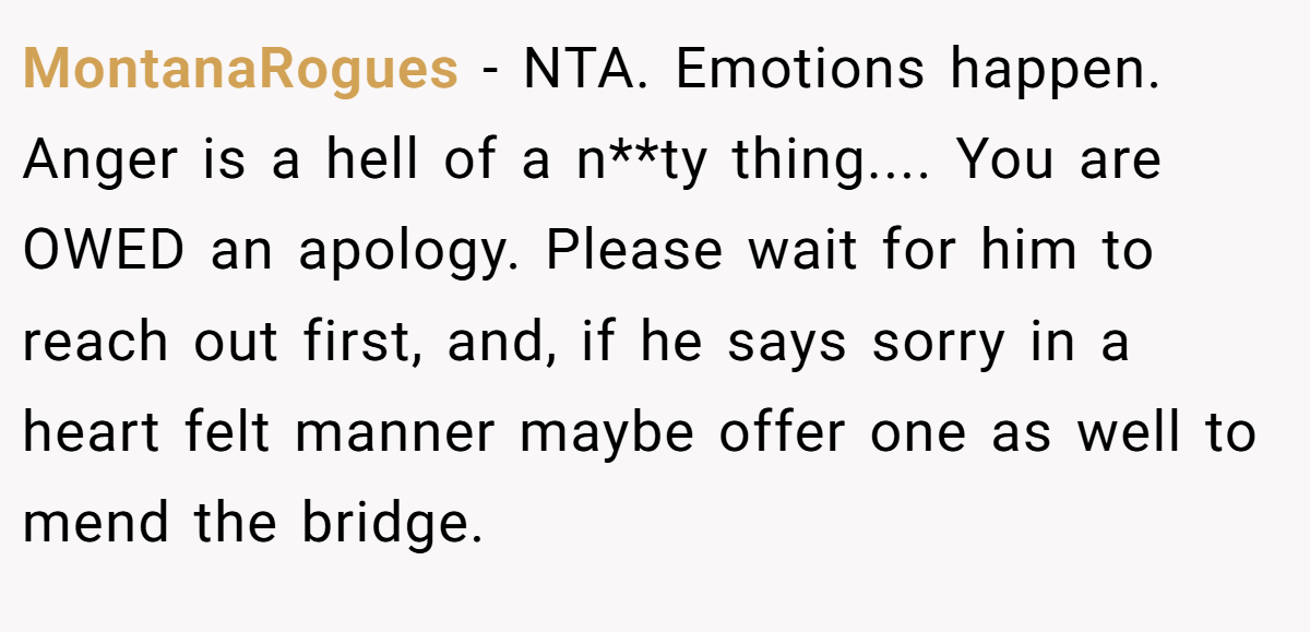 MontanaRogues − NTA. Emotions happen. Anger is a hell of a n**ty thing.... You are OWED an apology. Please wait for him to reach out first, and, if he says sorry in a heart felt manner maybe offer one as well to mend the bridge.