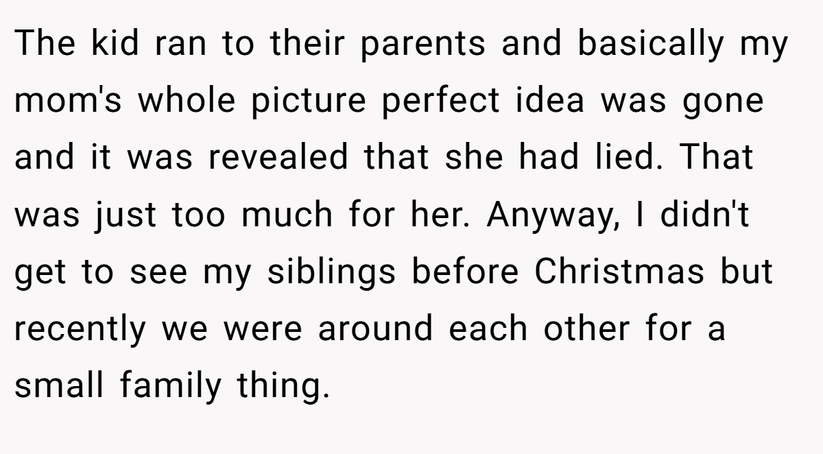 The kid ran to their parents and basically my mom's whole picture perfect idea was gone and it was revealed that she had lied. That was just too much for her. Anyway, I didn't get to see my siblings before Christmas but recently we were around each other for a small family thing.