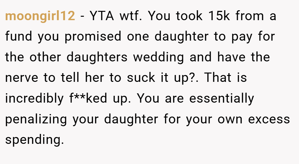 moongirl12 − YTA wtf. You took 15k from a fund you promised one daughter to pay for the other daughters wedding and have the nerve to tell her to suck it up?. That is incredibly f**ked up. You are essentially penalizing your daughter for your own excess spending.