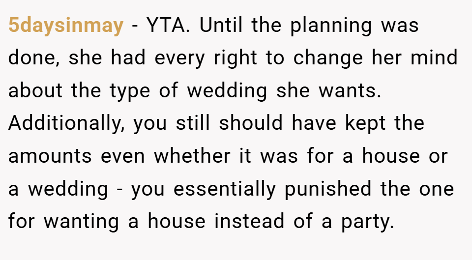5daysinmay − YTA. Until the planning was done, she had every right to change her mind about the type of wedding she wants. Additionally, you still should have kept the amounts even whether it was for a house or a wedding - you essentially punished the one for wanting a house instead of a party.
