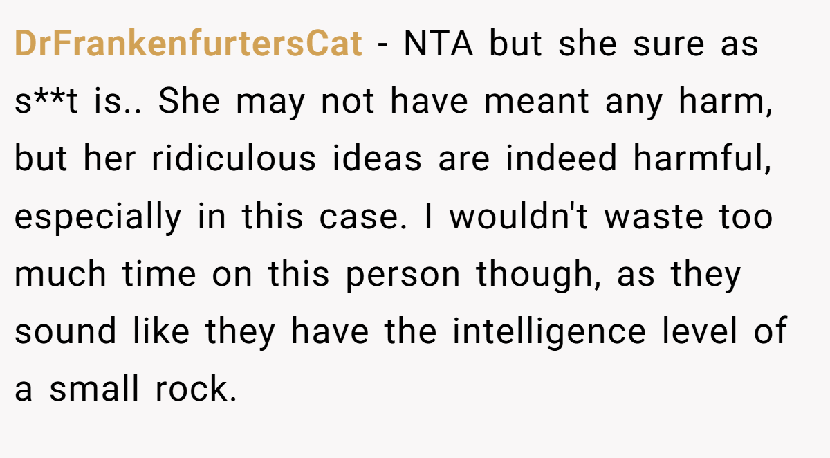 DrFrankenfurtersCat − NTA but she sure as s**t is.. She may not have meant any harm, but her ridiculous ideas are indeed harmful, especially in this case. I wouldn't waste too much time on this person though, as they sound like they have the intelligence level of a small rock.