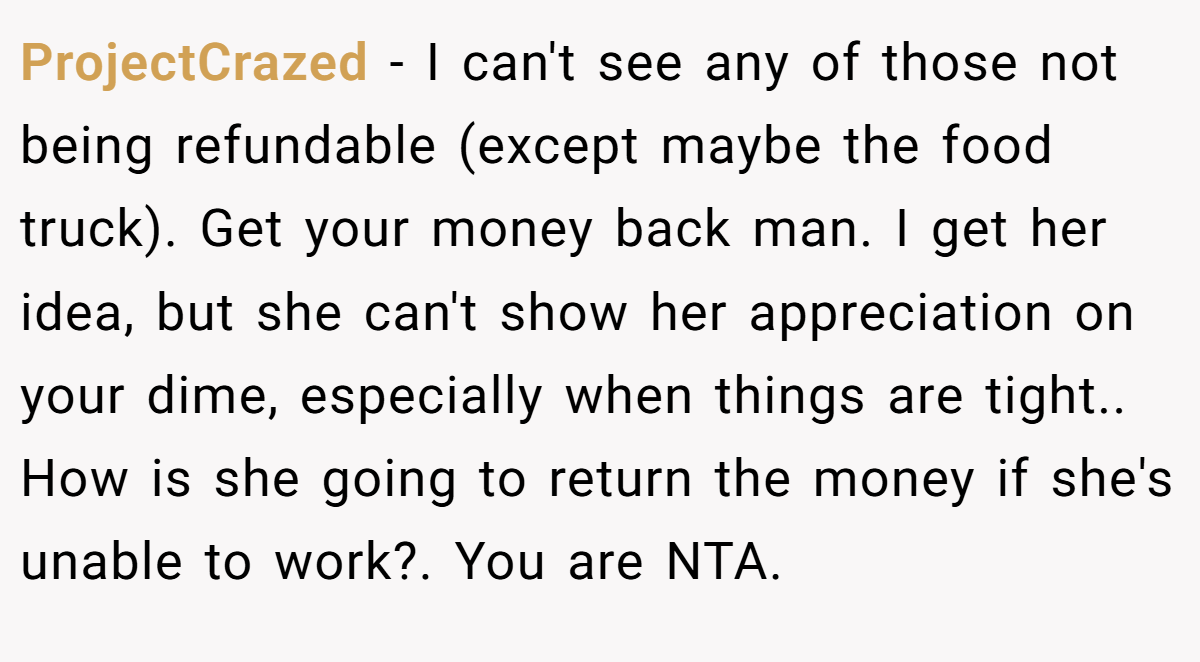 ProjectCrazed − I can't see any of those not being refundable (except maybe the food truck). Get your money back man. I get her idea, but she can't show her appreciation on your dime, especially when things are tight.. How is she going to return the money if she's unable to work?. You are NTA.