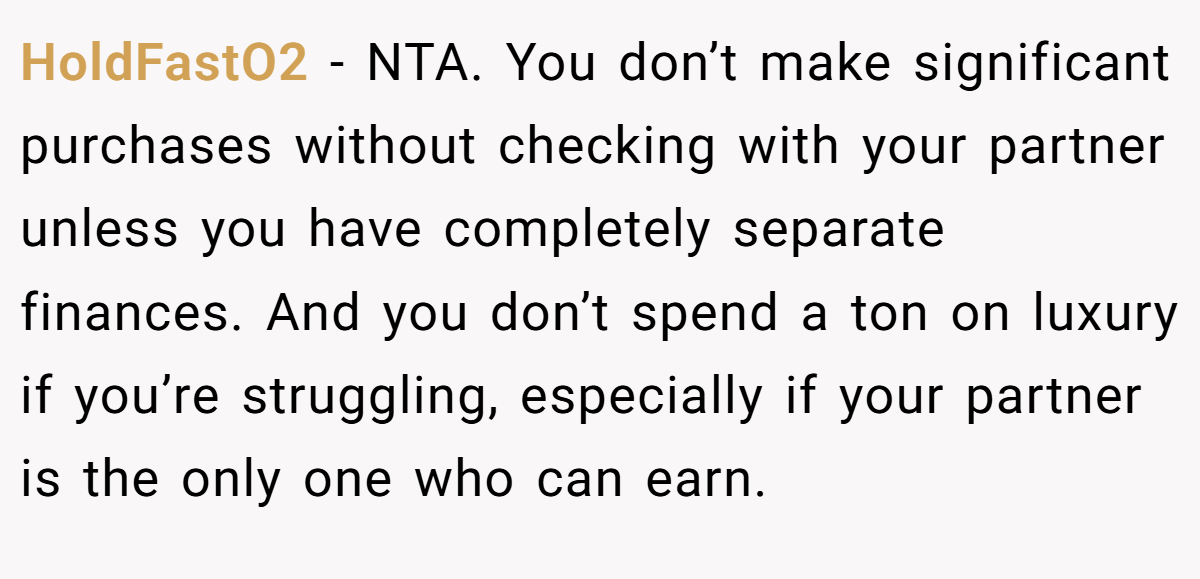 HoldFastO2 − NTA. You don’t make significant purchases without checking with your partner unless you have completely separate finances. And you don’t spend a ton on luxury if you’re struggling, especially if your partner is the only one who can earn.