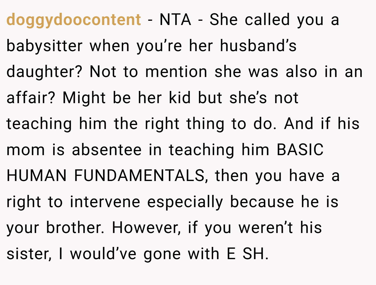 doggydoocontent - NTA - She called you a babysitter when you’re her husband’s daughter? Not to mention she was also in an affair? Might be her kid but she’s not teaching him the right thing to do. And if his mom is absentee in teaching him BASIC HUMAN FUNDAMENTALS, then you have a right to intervene especially because he is your brother. However, if you weren’t his sister, I would’ve gone with E SH.