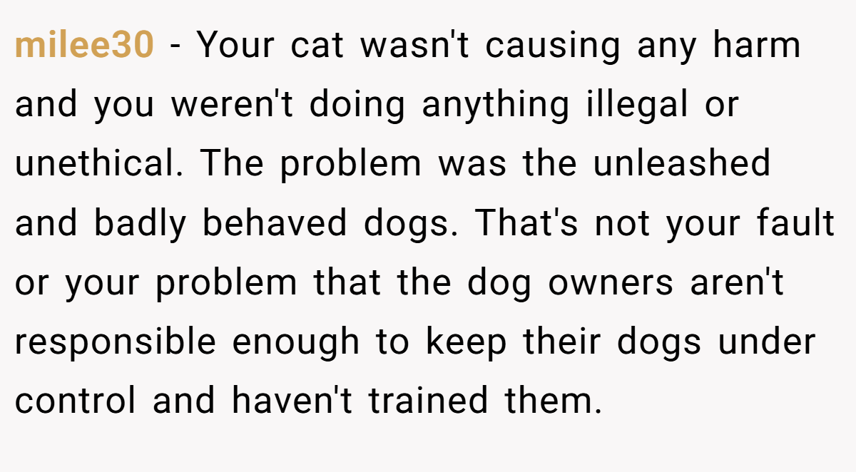milee30 − Your cat wasn't causing any harm and you weren't doing anything illegal or unethical. The problem was the unleashed and badly behaved dogs. That's not your fault or your problem that the dog owners aren't responsible enough to keep their dogs under control and haven't trained them.