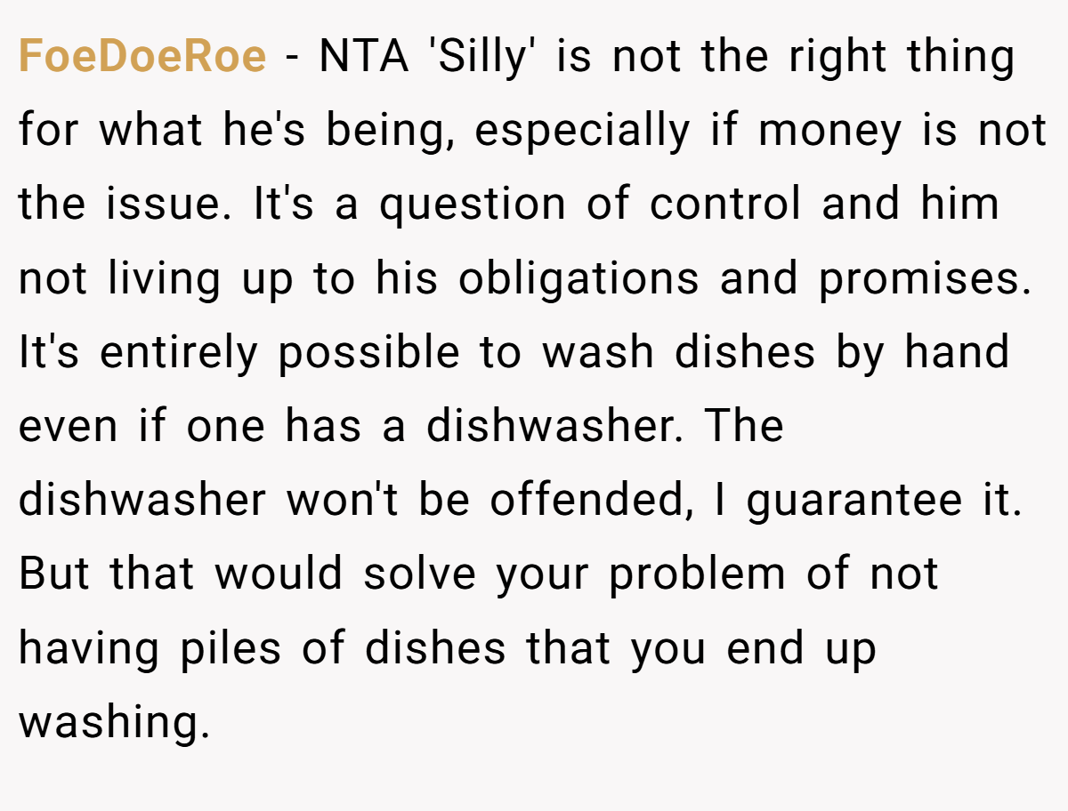 FoeDoeRoe − NTA 'Silly' is not the right thing for what he's being, especially if money is not the issue. It's a question of control and him not living up to his obligations and promises. It's entirely possible to wash dishes by hand even if one has a dishwasher. The dishwasher won't be offended, I guarantee it. But that would solve your problem of not having piles of dishes that you end up washing.