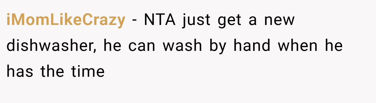 iMomLikeCrazy − NTA just get a new dishwasher, he can wash by hand when he has the time