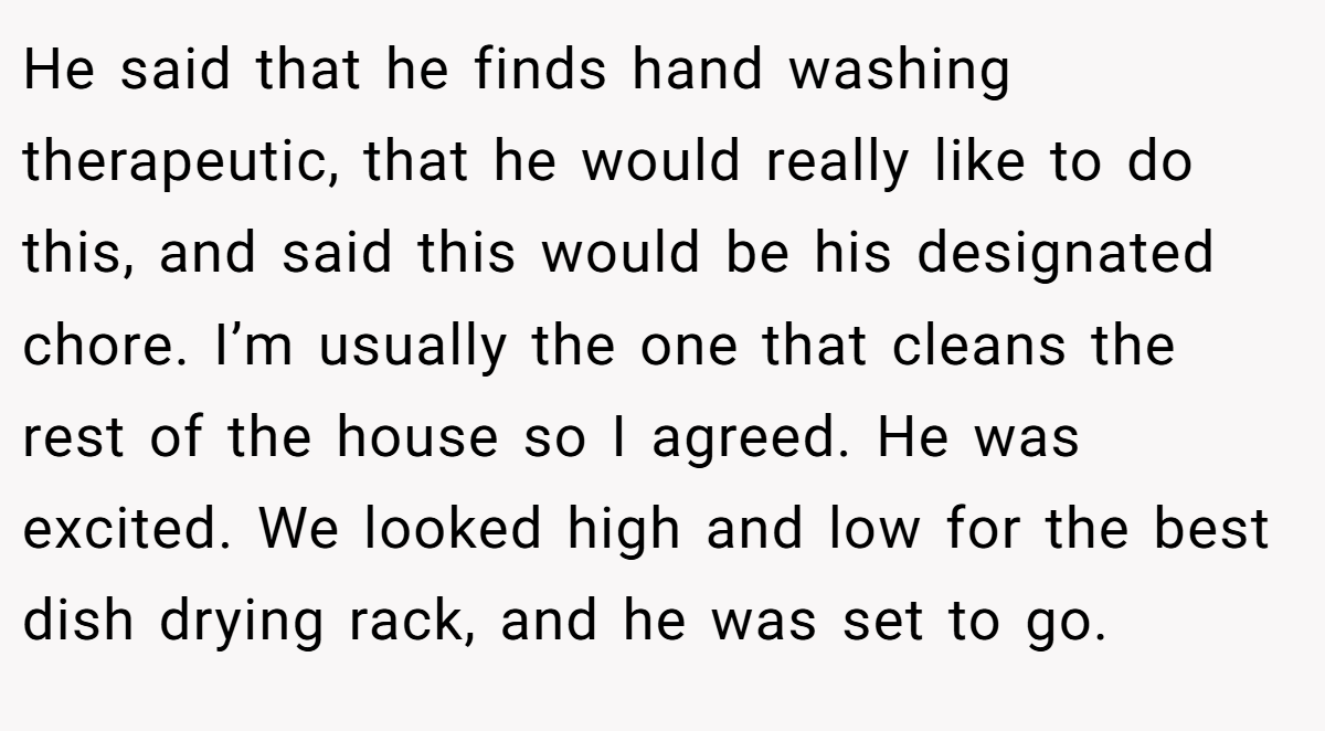 He said that he finds hand washing therapeutic, that he would really like to do this, and said this would be his designated chore. I’m usually the one that cleans the rest of the house so I agreed. He was excited. We looked high and low for the best dish drying rack, and he was set to go.