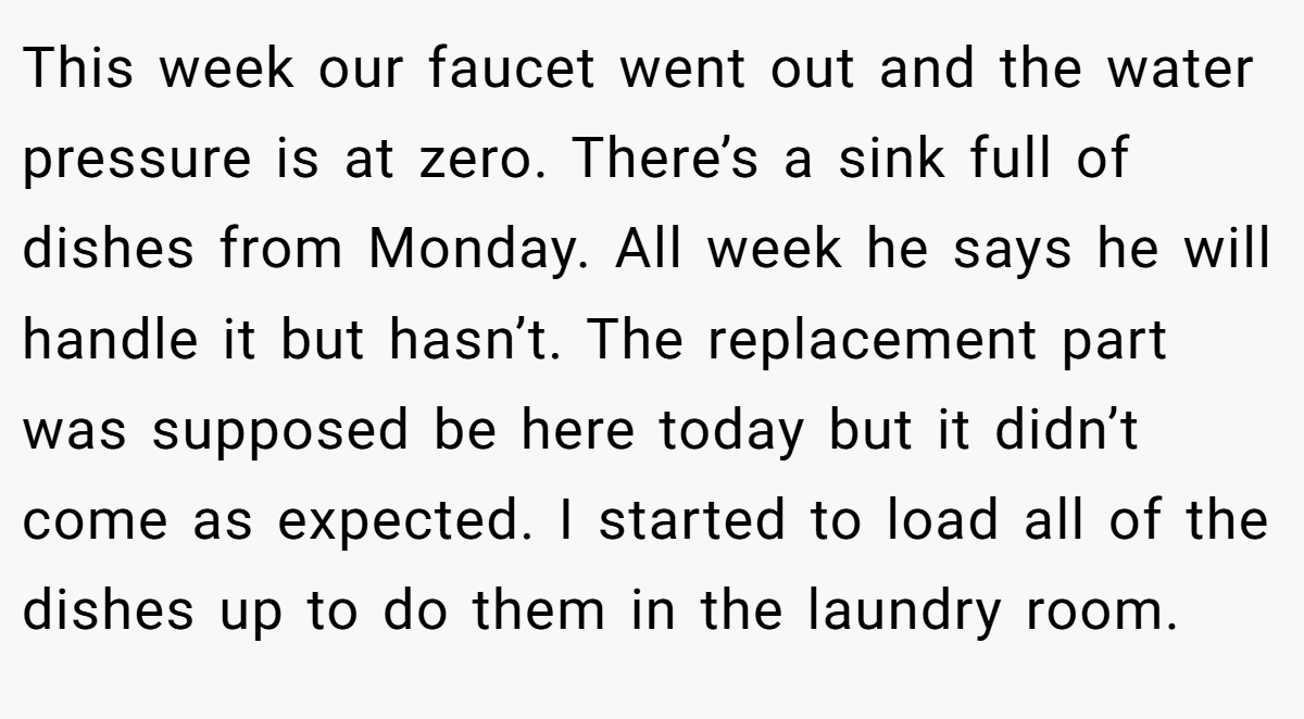 This week our faucet went out and the water pressure is at zero. There’s a sink full of dishes from Monday. All week he says he will handle it but hasn’t. The replacement part was supposed be here today but it didn’t come as expected. I started to load all of the dishes up to do them in the laundry room.