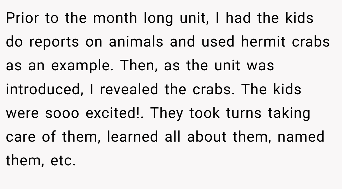 Prior to the month long unit, I had the kids do reports on animals and used hermit crabs as an example. Then, as the unit was introduced, I revealed the crabs. The kids were sooo excited!. They took turns taking care of them, learned all about them, named them, etc.