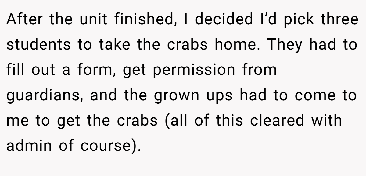 After the unit finished, I decided I’d pick three students to take the crabs home. They had to fill out a form, get permission from guardians, and the grown ups had to come to me to get the crabs (all of this cleared with admin of course).