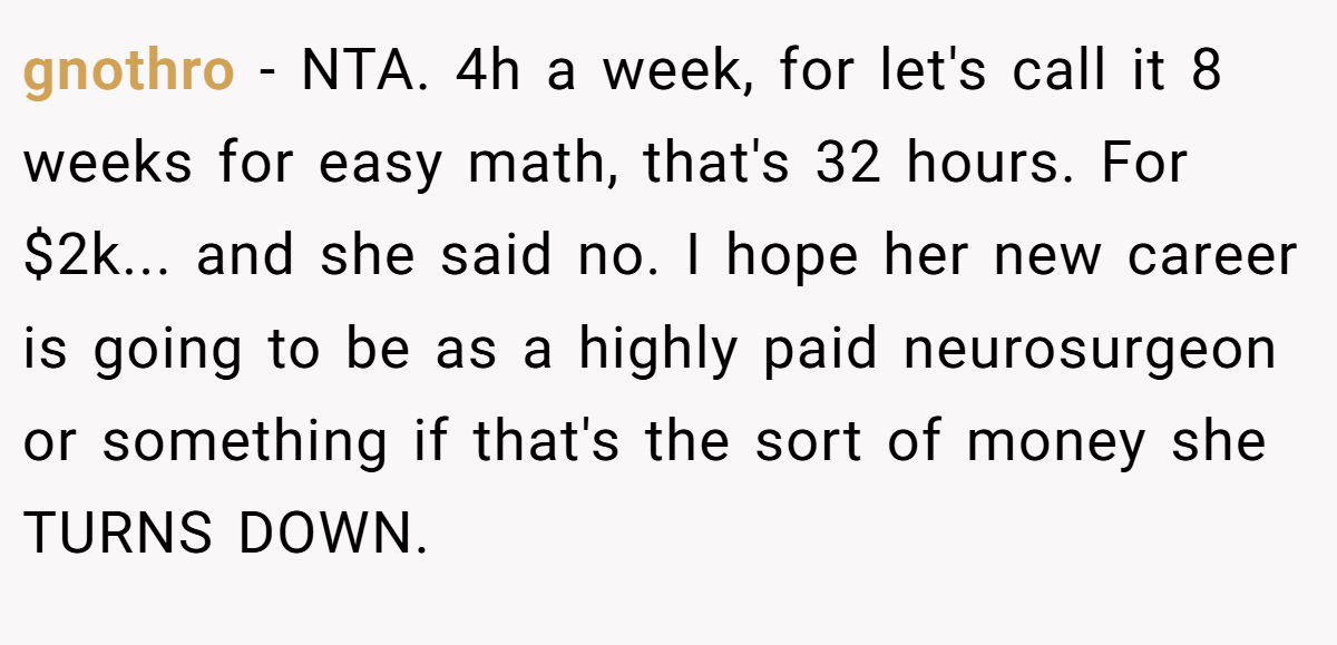 gnothro − NTA. 4h a week, for let's call it 8 weeks for easy math, that's 32 hours. For $2k... and she said no. I hope her new career is going to be as a highly paid neurosurgeon or something if that's the sort of money she TURNS DOWN.