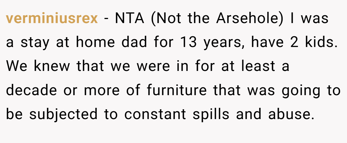 verminiusrex − NTA (Not the Arsehole) I was a stay at home dad for 13 years, have 2 kids. We knew that we were in for at least a decade or more of furniture that was going to be subjected to constant spills and abuse.