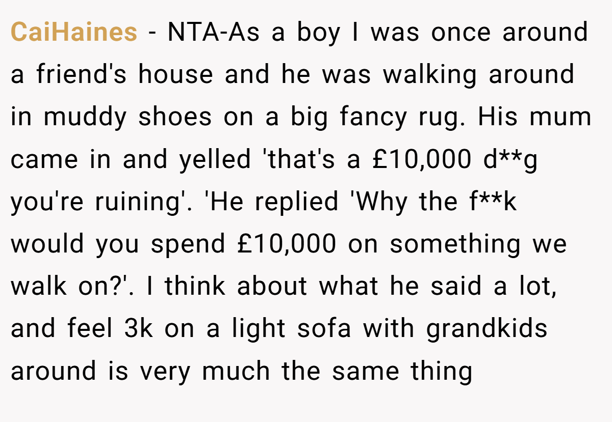 CaiHaines − NTA-As a boy I was once around a friend's house and he was walking around in muddy shoes on a big fancy rug. His mum came in and yelled 'that's a £10,000 d**g you're ruining'. 'He replied 'Why the f**k would you spend £10,000 on something we walk on?'. I think about what he said a lot, and feel 3k on a light sofa with grandkids around is very much the same thing