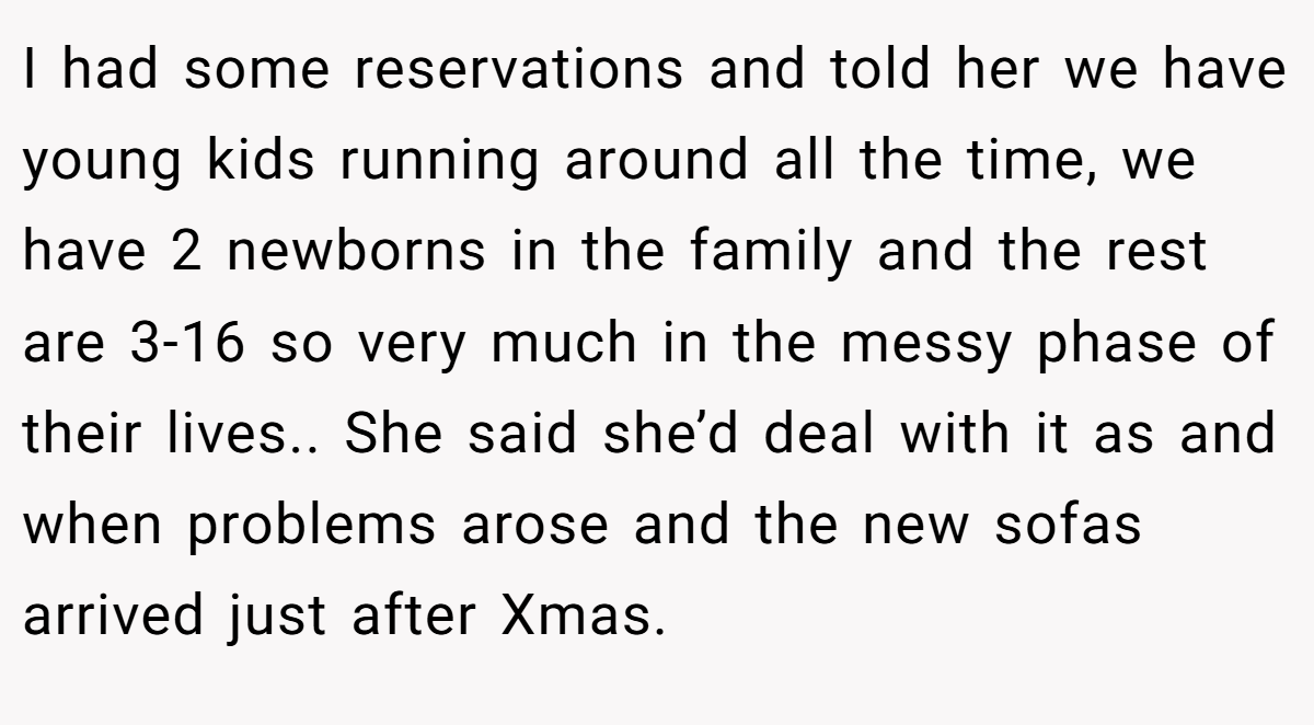 I had some reservations and told her we have young kids running around all the time, we have 2 newborns in the family and the rest are 3-16 so very much in the messy phase of their lives.. She said she’d deal with it as and when problems arose and the new sofas arrived just after Xmas.
