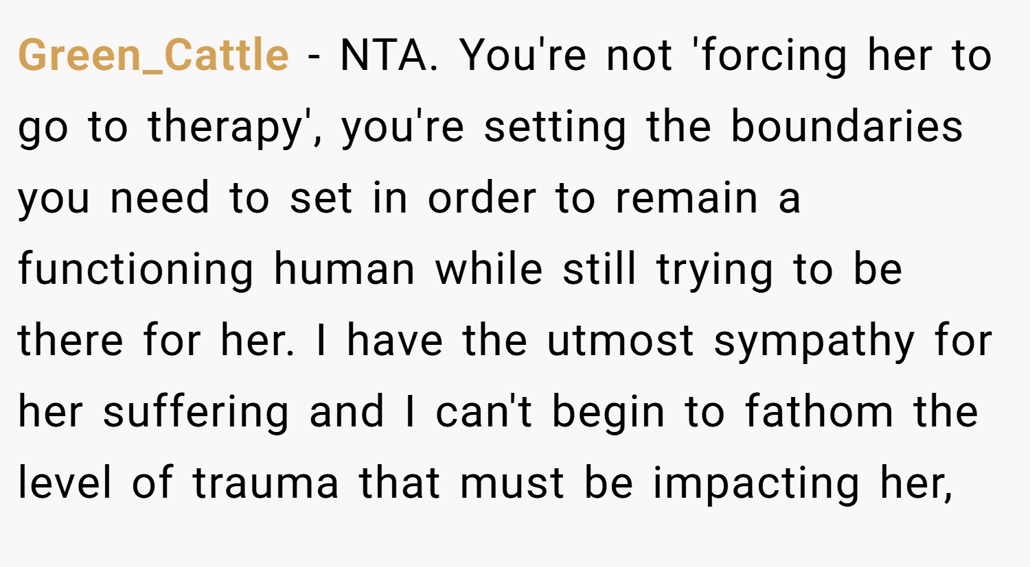 Green_Cattle − NTA. You're not 'forcing her to go to therapy', you're setting the boundaries you need to set in order to remain a functioning human while still trying to be there for her. I have the utmost sympathy for her suffering and I can't begin to fathom the level of trauma that must be impacting her,